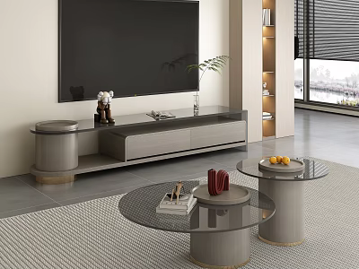 Modern TV Stand With Black TV Decorative Items And Green Plant In Living Room 3d model
