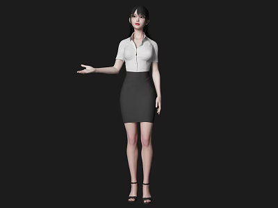 Woman in White Shirt Gray Skirt and Black High Heels Extending Hand on Black Background 3d model