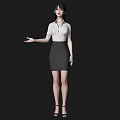 Woman in White Shirt Gray Skirt and Black High Heels Extending Hand on Black Background
