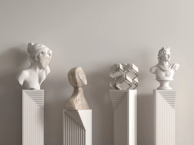 Diverse Sculpture Carvings With Classical Bust Abstract Stone Head Geometric Cube On White Column Pedestals 3d model