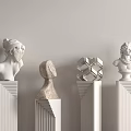 Diverse Sculpture Carvings With Classical Bust Abstract Stone Head Geometric Cube On White Column Pedestals