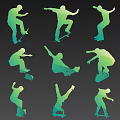 Multiple Skateboarders Performing Various Dynamic Skating Tricks in Colorful Gradient Silhouettes