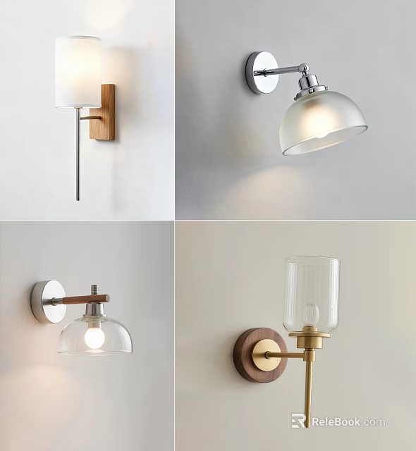 Modern Wall Lamps With Wooden Bases Metal Brackets And Glass Shades 3d model 