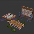 Japanese Style Wooden Furniture Collection With Bamboo Screen Tatami Mat And Red Cushioned Chairs