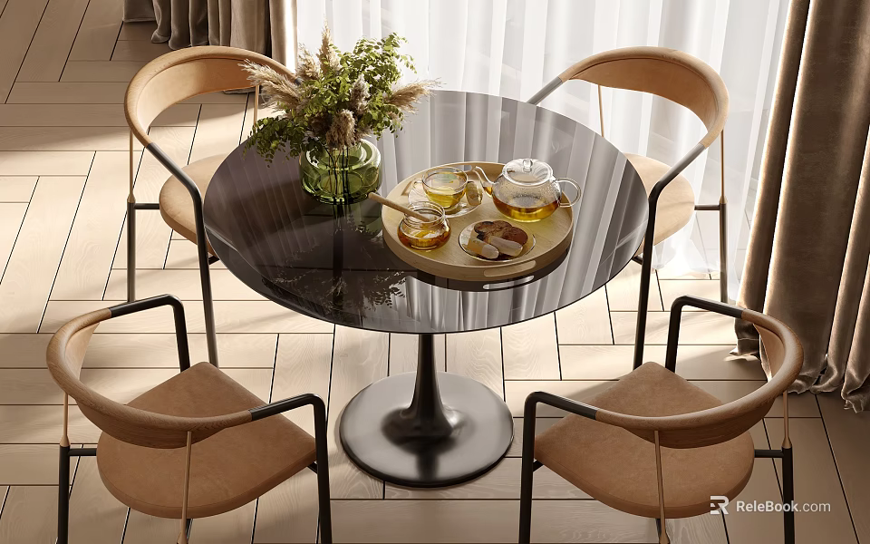 Modern Round Black Dining Table Set with Four Beige Chairs Tray Tea Set Vase Plants 3d model 