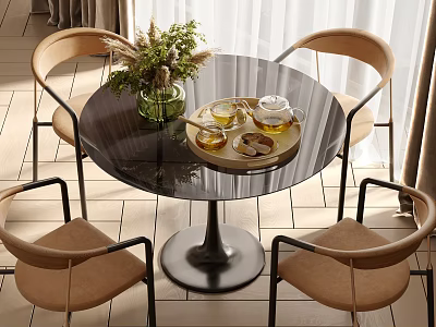 Modern Round Black Dining Table Set with Four Beige Chairs Tray Tea Set Vase Plants 3d model