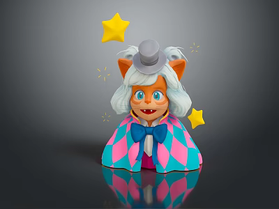 Cute Orange Fox Wearing Gray Top Hat Pink Blue Argyle Cloak With Yellow Stars Sparkles 3d model