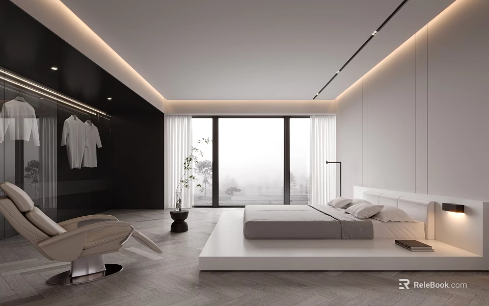 Modern Bedroom Interior Design With White Platform Bed Floor to Ceiling Windows and Beige Chair 3d model 