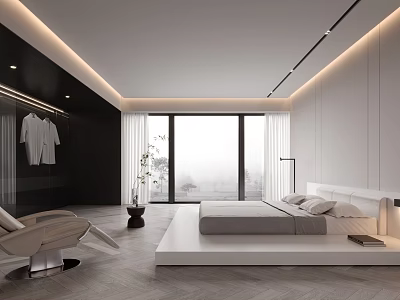 Modern Bedroom Interior Design With White Platform Bed Floor to Ceiling Windows and Beige Chair 3d model