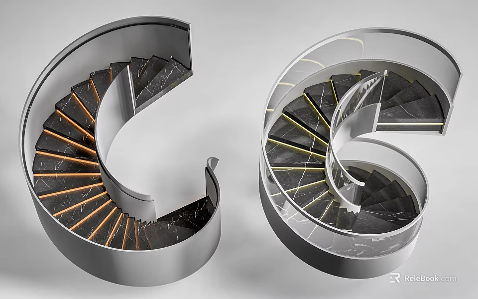 Modern Spiral Staircase Design With Glass Railings Black Steps Yellow Accent Lines And Metal Frame 3d model 