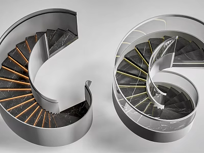 Modern Spiral Staircase Design With Glass Railings Black Steps Yellow Accent Lines And Metal Frame 3d model