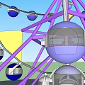 Colorful Ferris Wheel Amusement Ride With Purple Framework Yellow Sections And Transparent Cabins