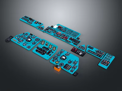 Blue Aircraft Control Panels With Multiple Buttons Knobs And Indicator Lights 3d model