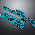 Blue Aircraft Control Panels With Multiple Buttons Knobs And Indicator Lights