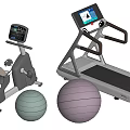 Modern Sports Equipment Including Treadmill Exercise Bike And Fitness Balls With Digital Screens