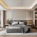 Modern Bedroom Interior With Gray Bed Striped Headboard Nightstands And Glass Wardrobe