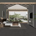 Cozy Bedroom Interior With Wooden Beams Fireplace Comfortable Bed And Green Garden View