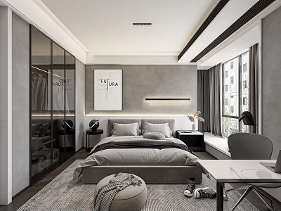 Modern Bedroom Interior With King Size Bed Glass Door Wardrobe Wall Art And Desk Chair 3d model