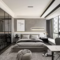 Modern Bedroom Interior With King Size Bed Glass Door Wardrobe Wall Art And Desk Chair