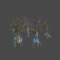 Mystical Natural Trees With Blue Crystal Growths Branches And Dried Leaves