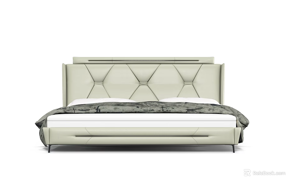 Modern Upholstered Double Bed With Diamond Tufted Headboard And Light Frame 3d model
