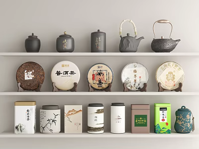 Tea Shop Display Shelves With Various Tea Canisters Teapots Tea Cakes And Packaged Products 3d model