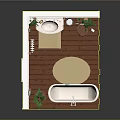 Cartoon Bathroom Scene Featuring Green Floral Wallpaper White Bathtub Sink Toilet Plants And Wooden Floor