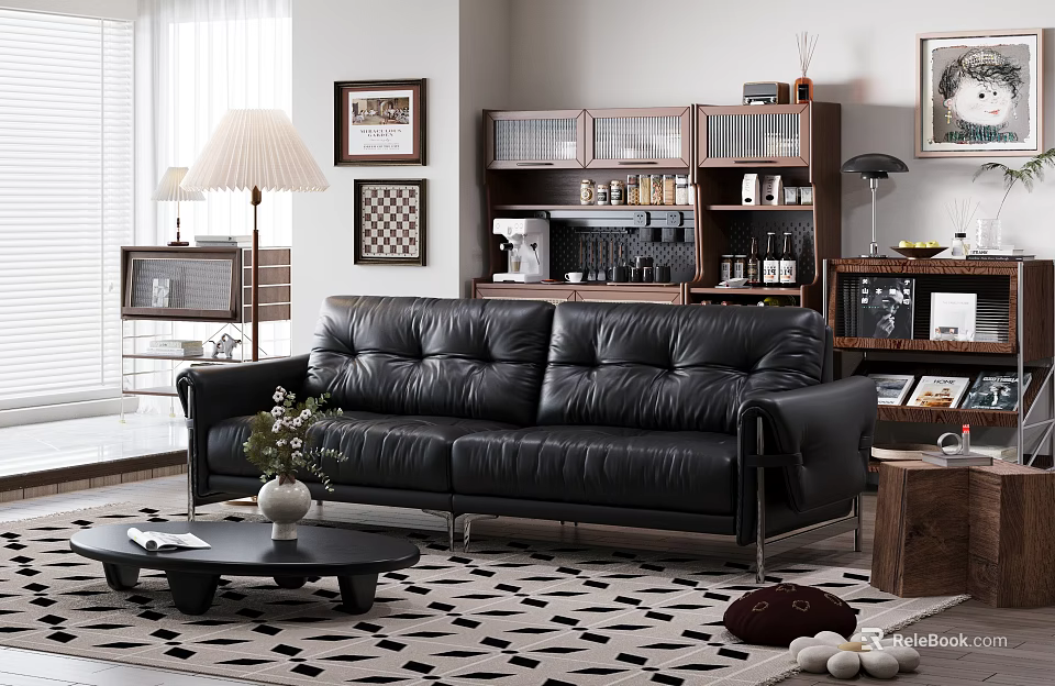 Modern Living Room Decor With Black Leather Sofa Coffee Table Patterned Rug And Wooden Shelves 3d model 
