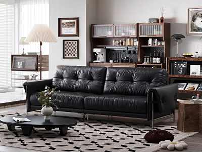 Modern Living Room Decor With Black Leather Sofa Coffee Table Patterned Rug And Wooden Shelves 3d model