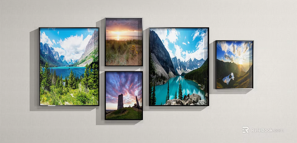 Multiple Landscape Paintings With Mountain Lake Sunrise Forest And Sky Scenery 3d model 
