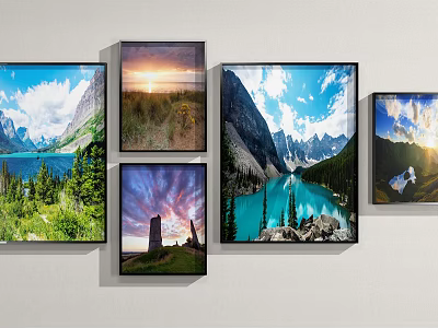 Multiple Landscape Paintings With Mountain Lake Sunrise Forest And Sky Scenery 3d model