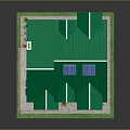 Cartoon Style Wooden House with Green Roof Solar Panels Balconies Small Plants and White Fence