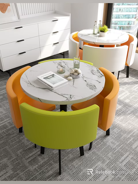 Round Marble Top Table And Colorful Upholstered Chairs Set With Decorative Glass Bottle Tray Notebook 3d model 