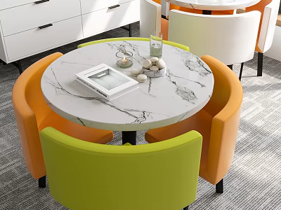 Round Marble Top Table And Colorful Upholstered Chairs Set With Decorative Glass Bottle Tray Notebook 3d model