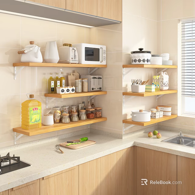 Wooden Wall Mounted Kitchen Shelves Organizing Microwave Bottles Jars Bowls And Spices 3d model 