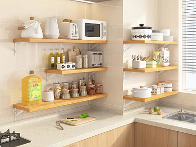 Wooden Wall Mounted Kitchen Shelves Organizing Microwave Bottles Jars Bowls And Spices 3d model