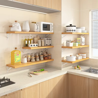 Wooden Wall Mounted Kitchen Shelves Organizing Microwave Bottles Jars Bowls And Spices 3d model