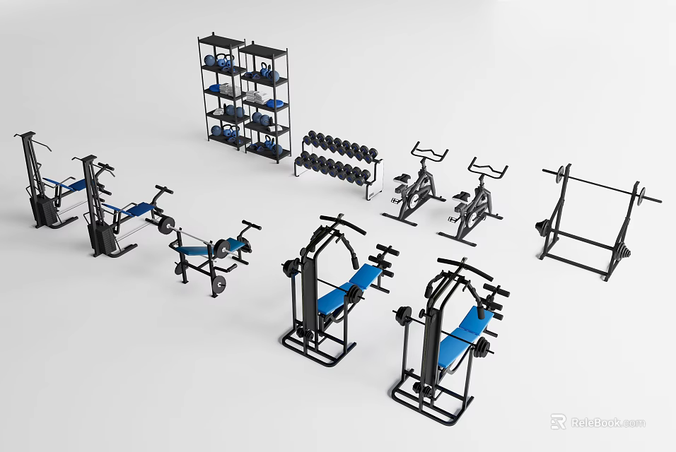 Complete Sports Equipment Set With Dumbbells Exercise Bikes Bench Press And Storage Shelf 3d model 