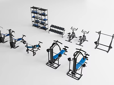 Complete Sports Equipment Set With Dumbbells Exercise Bikes Bench Press And Storage Shelf 3d model