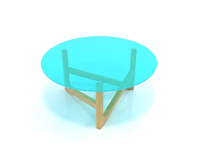 Round Coffee Table With Blue Glass Top And Wooden Crossed Legs Design 3d model