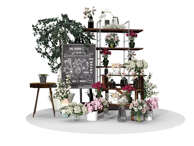 Garden Decor Display With Various Flowers Potted Plants Vases Wooden Shelves And Chalkboard 3d model