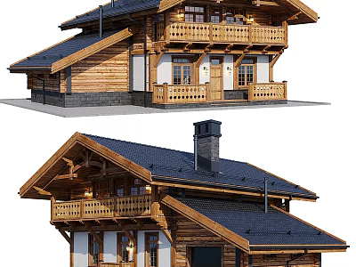 Rustic Wooden Detached Villa With Black Roof Balcony Chimney And Attic Windows 3d model