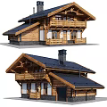 Rustic Wooden Detached Villa With Black Roof Balcony Chimney And Attic Windows