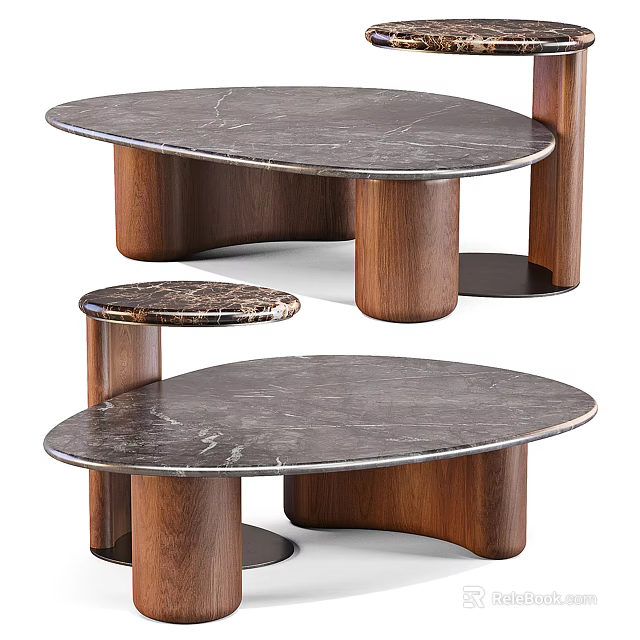 Modern Curved Coffee Table With Marble Top And Wooden Base 3d model 