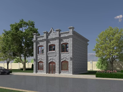 Classical Detached Villa With Gray Stone Exterior Arched Windows Front Garden And Green Trees 3d model