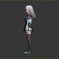 3D Female Character Model With White Hair Black Outfit And Blue Accents