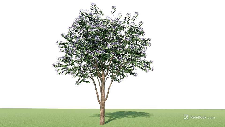 Tall Arbor Featuring Green Leaves Purple Flowers And Natural Shadow On Grass 3d model 