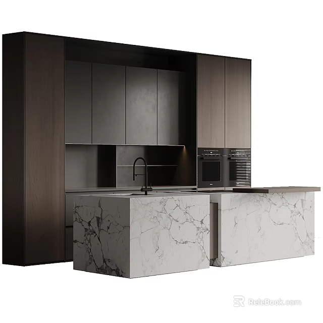 Modern Kitchen Interior Design With Dark Cabinets And Marble Island Countertop 3d model
