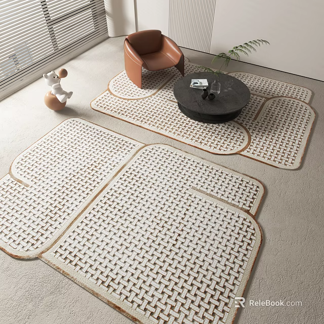 White Woven Square Rugs With Brown Border In Living Room With Coffee Table And Chair 3d model 