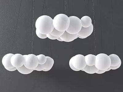 Modern Three Hanging Chandeliers With White Spherical Balls On Gray Background 3d model